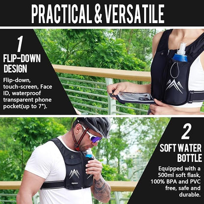 REVALI Running Vest, USA Original Patent, Zip Reflective Running Vests with 500ml Hydration Bottle, Adjustable Waistband & Breathable Material, Chest Pack Gear Phone Holder for Running, Men & Women