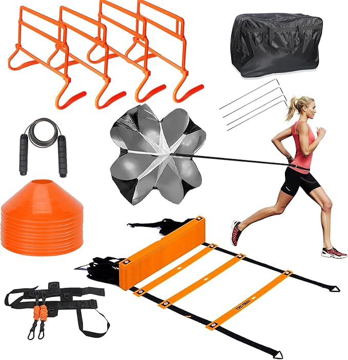 TOCO FREIDO Speed&Agility Training Set – 20ft Agility 12 Rungs, 4 Adjustable 12 Disc 2 Resistance 1 Running