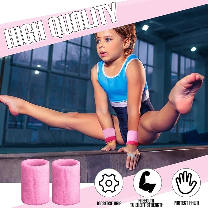 Civaner 4 Pieces Gymnastics Grips Pink Gymnastic Hand Grips Athletic Pink Wrist Bands Terry Cloth Sweat Bands Girls Sports Accessories for Kids Basketball Tennis Football Baseball