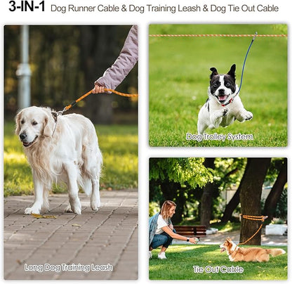 Snagle Paw Dog Runner for Yard 3 in 1, 100FT Dog Training Leash with Handle for Small Medium Large Dogs, Reflective Rope Dog Tie Out Cable with Carabiner for Yard,Park,Camping (Orange for 1 Dog)