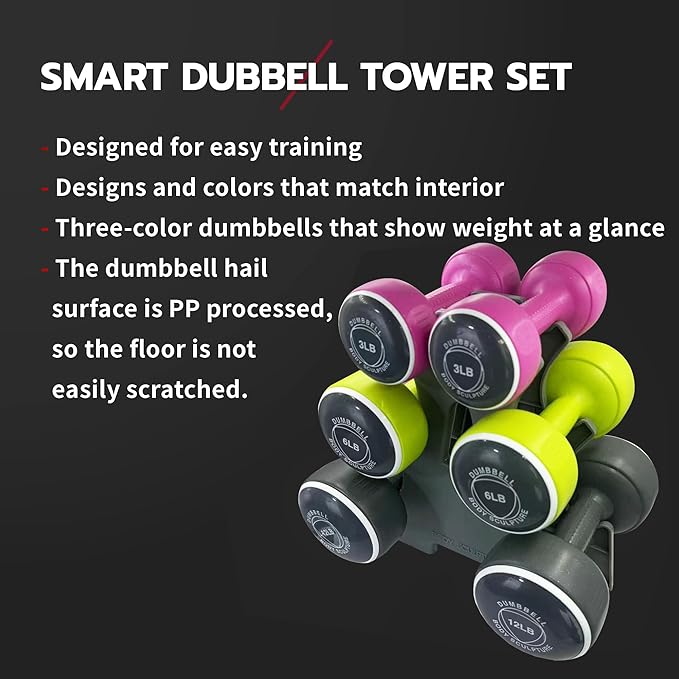 Body Sculpture weights set Free‑Weight Dumbbell Set with Rack Set includes 3, 6 and 12 lb weights ideal for men and women for small and large muscle groups