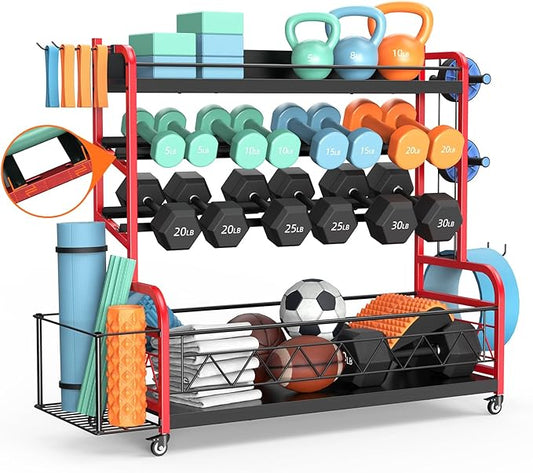 XXL Red Dumbbell Rack Weight Stand - Newly Upgraded Bonvork Adjustable Weight Rack for Dumbbells, Home Gym Storage Rack for Kettlebell,Yoga Mat Storage, Workout Equipment Storage Organizer With Wheels