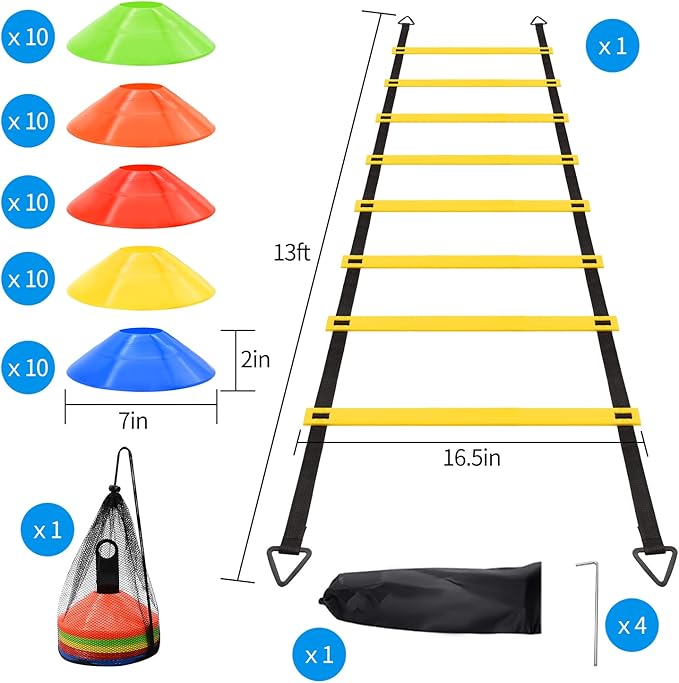 Agility Ladder Speed Training Set, Agility Ladder with Disc Cones, Steel Stakes, Carry Bags and Holder, Exercise Ladder Equipment for Football Basketball Exercise Sports