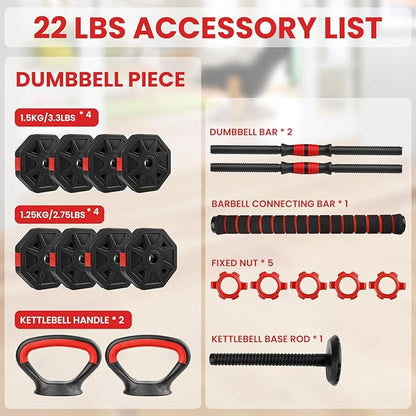 Adjustable Dumbbells Set 22LBS/44LBS/66LBS Free Weight Set with Connector, Free Weights Dumbbells Set for Barbell, Kettlebells, Push up Stand, Fitness Exercises for Home Gym Men Women