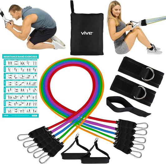 Vive Resistance Bands with Handles (11 Pcs) - Tube Rehab Band Set - Shoulder Pulley Door Anchor - 2 to 70 LBs Tension - Home Workout Elastic Fitness Equipment - Men, Women Training Therapy