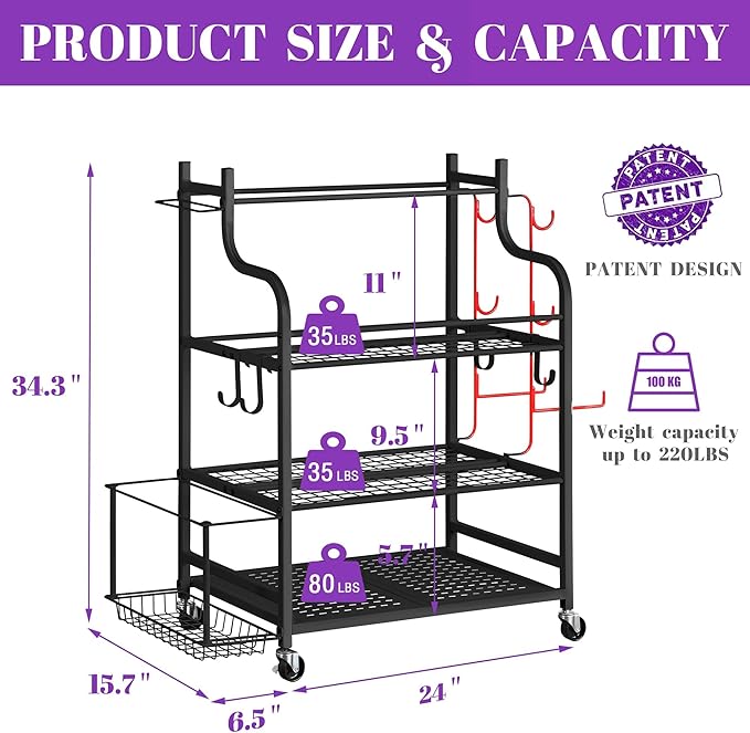 Mythinglogic Yoga Mat Storage Racks,Home Gym Storage Rack for Dumbbells Kettlebells Foam Roller, Yoga Strap and Resistance Bands, Workout Equipment Storage Organizer With Hooks and Wheels