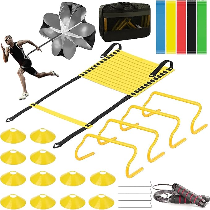 Speed Agility Training Equipment Set - 20Ft Agility Ladder 4 Adjustable 5 Resistance 12 Cones,