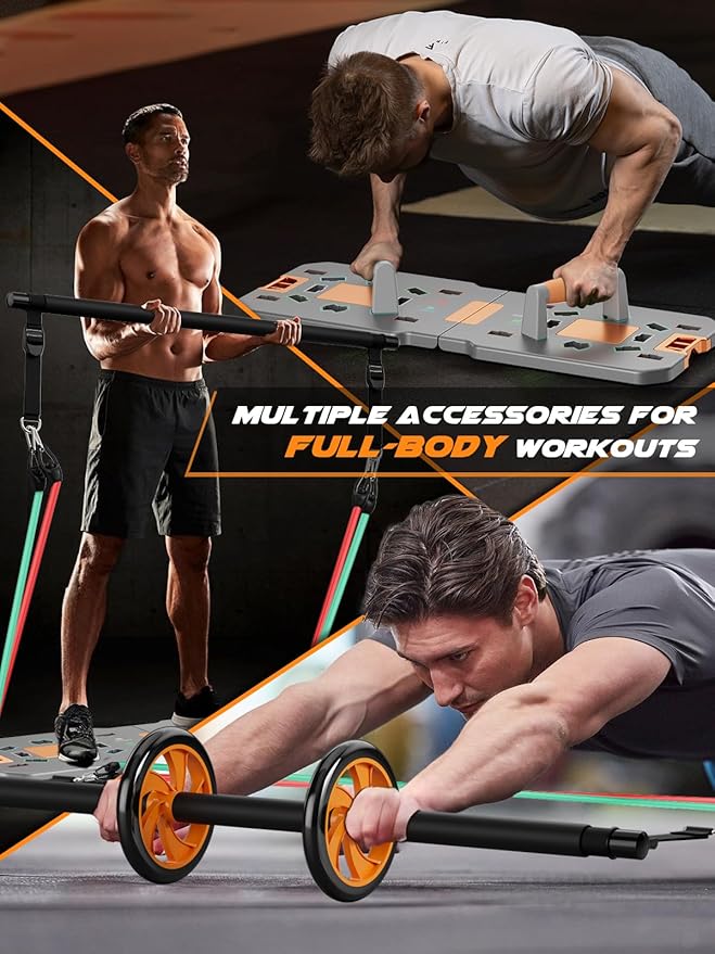 Professional Strength Training Equipment Strengthened by Durable Metal Frame, Push Up Board, Portable & Foldable Push Up Bar Set for Home Gym Fitness, Pushup Handles, Resistance Bands, Ab Roller, etc.