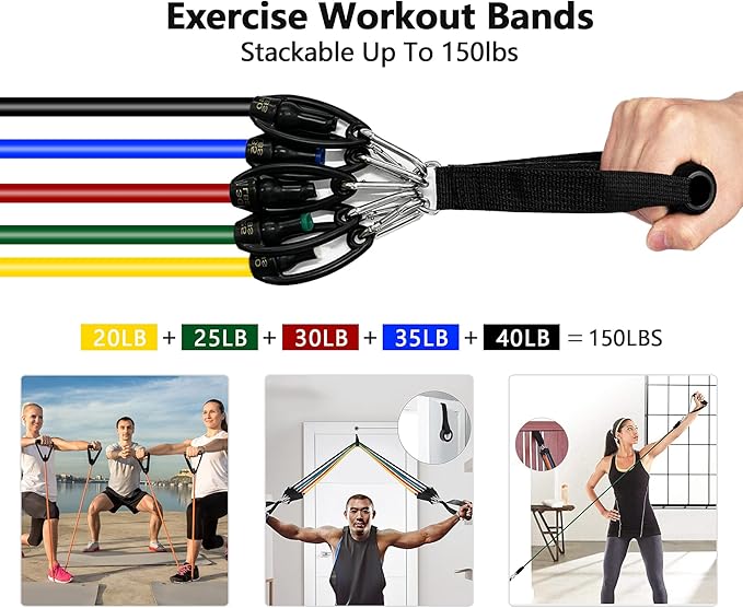 Resistance Bands Set (Pro) for Men & Women（11Pcs）- 5 Stackable Premium Cable Bands with Handles, Door Anchor, and Ankle Straps，Best Exercise Equipment for Your Home Gym- Stackable Up to 150 lbs