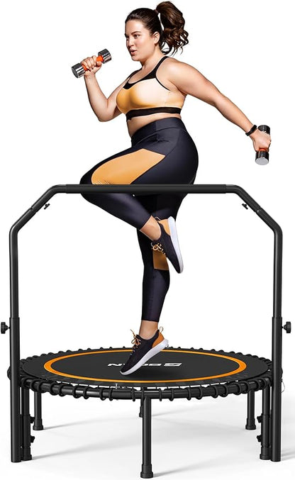 BCAN 450/550 LBS Foldable Mini Trampoline, 40"/48" Fitness Trampoline with Bungees, U Shape Adjustable Foam Handle, Stable & Quiet Exercise Rebounder for Adults Indoor/Outdoor Workout