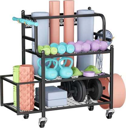 Y&M Yoga Mat Storage Racks, Home Gym Storage Rack for Organizing Kettlebells Dumbbells Foam Roller, All-in-One Workout Equipment Storage Organizer with Hooks and Wheels, Yoga Strap and Resistance Band