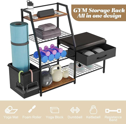 Home Gym Storage Rack with Bench, Workout Equipment Storage Organizer, Gym Organizer Rack for Home Dumbbells Kettle bells Yoga Mat Blocks Rollers All in One Gym Accessories Storage Rack