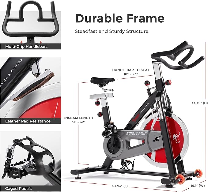 Sunny Health & Fitness Heavy-Duty Indoor Stationary Exercise Bike, 4-Way Adjustable Seat for Cycling Cardio workout at Home, Optional 49 LB Flywheel & Exclusive SunnyFit App Enhanced Bluetooth Link