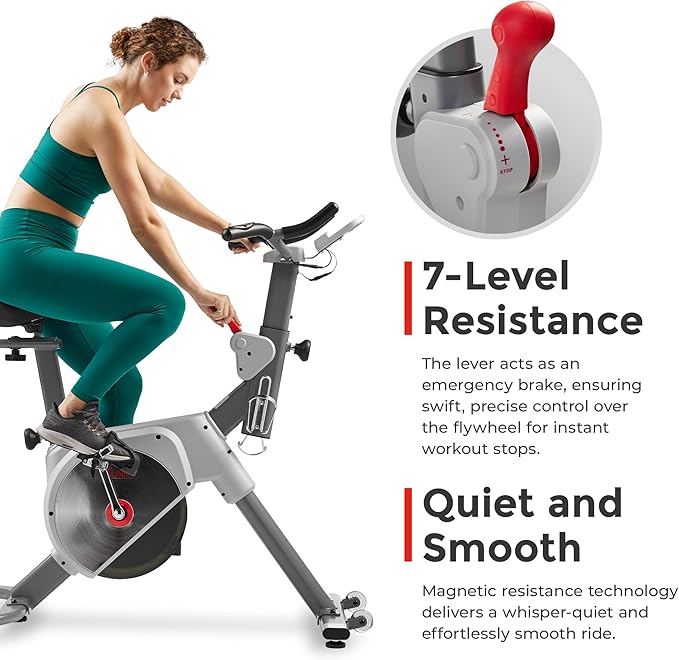 Sunny Health & Fitness Indoor Stationary Cycling Exercise Bike for Home Cardio Workout, 4-Way Adjustable & Cushioned Seat, Optional Magnetic Resistance & Exclusive SunnyFit App Enhanced Bluetooth Link