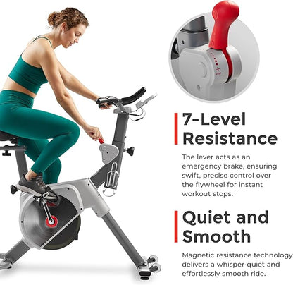 Sunny Health & Fitness Indoor Stationary Cycling Exercise Bike for Home Cardio Workout, 4-Way Adjustable & Cushioned Seat, Optional Magnetic Resistance & Exclusive SunnyFit App Enhanced Bluetooth Link