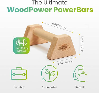 WOODPOWER® - PowerBars, Wooden Parallettes Push Up Bars, Joint-Friendly Beech Wood Calisthenics Equipment for Home, Durable Handstand Trainer Push Up Handles for Floors, XS, Set of 2