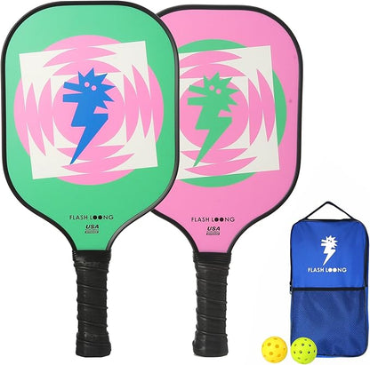 Fun Pickleball Paddles Set of 2 Pink and Green, Cute Pickle Ball Rackets for Kids Girls Boys Women Men, Professional Pickleball Racquets Equipment for Indoor or Outdoor, with Balls & Bags