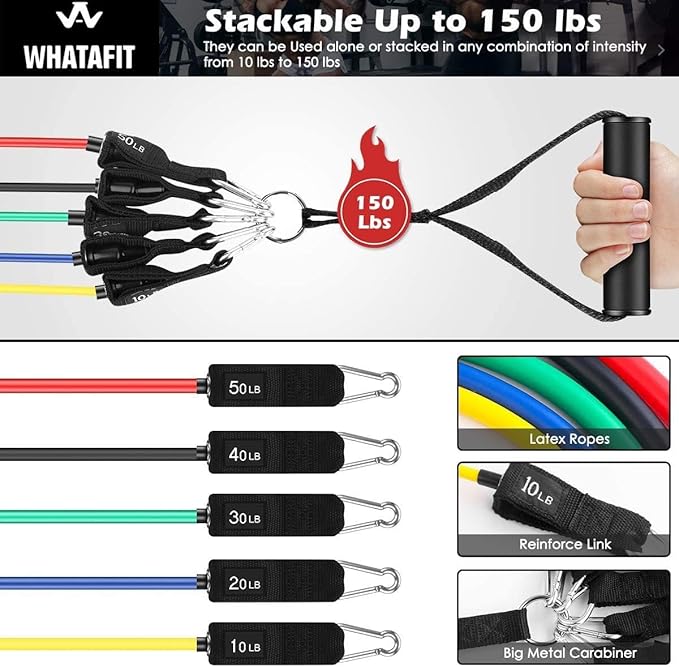 WHATAFIT Resistance Bands, Exercise Bands，Resistance Bands for Working Out, Work Out Bands with Handles for Men and Women Fitness, Strength Training Home Gym Equipment