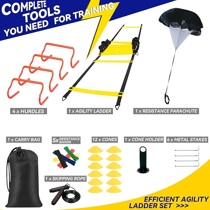 Agility Ladder Speed Training Equipment Set 20ft Agility 4 Agility 12 Disc 1 Jump 4 Stakes 5 Bands