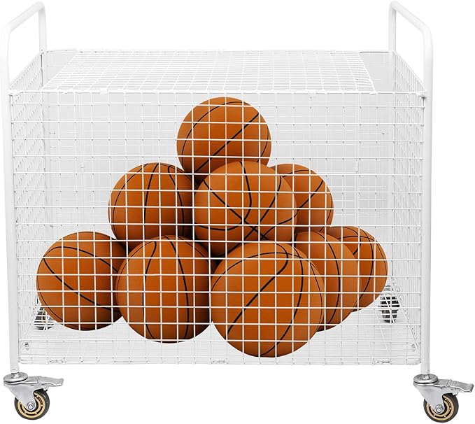 Metal Basketball Rolling Cart Sports Equipment Storage Wheel Basket White Athletic Portable Lockable Cage Raised Handle Gym Home Garage School Court Field Football Soccer Ball Volleyball Bat