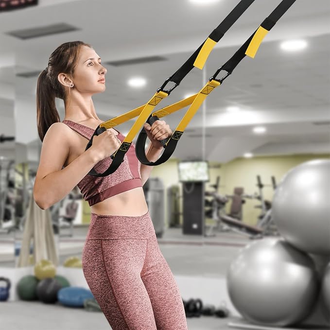 Home Resistance Training Kit, Workout Straps with Handles, Resistance Trainer Exercise Straps for Home Gym, Bodyweight Straps for Indoor & Outdoor, Yellow + Black