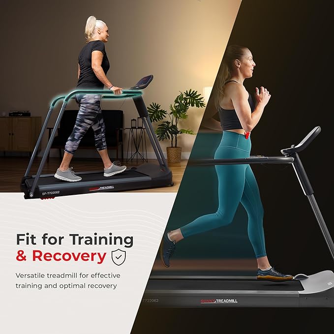 Sunny Health & Fitness Endurance Cardio Running Walking Treadmill with Extended Safety Handrails, Low-Impact, Low Wide Deck and SunnyFit® App Enhanced Bluetooth Connectivity SF-T722062