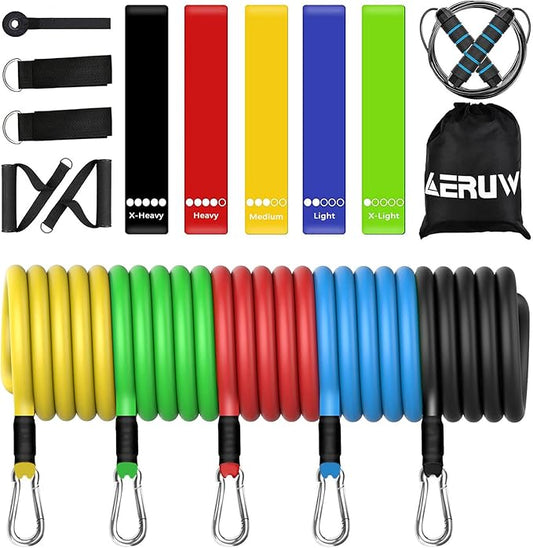 Resistance Band Set-17 Pilates Resistance Training Bands Door Anchor, Jump Rope, Ankle Straps, Stackable Resistance Bands with Handles Carry Bag & Instruction Booklet for Yoga Home Workout