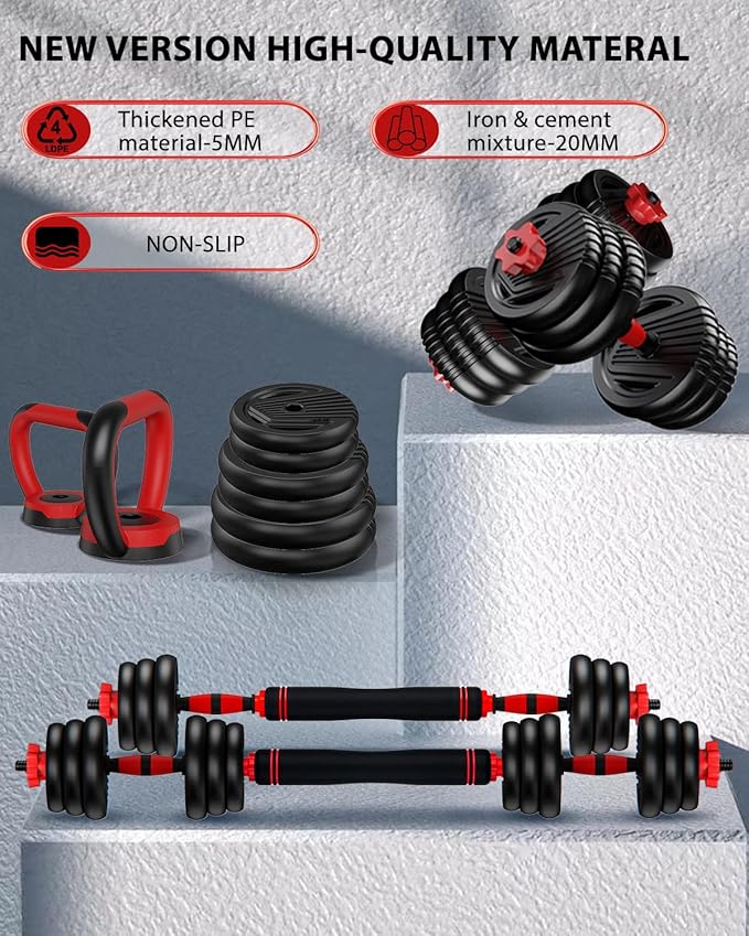 Adjustable Dumbbells, 10/20/30/45/70/90lbs Free Weight Set with Connector, 4 in1 Dumbbells Set Used as Barbell, Kettlebells, Push up Stand, Fitness Exercises for Home Gym Suitable Men/Women