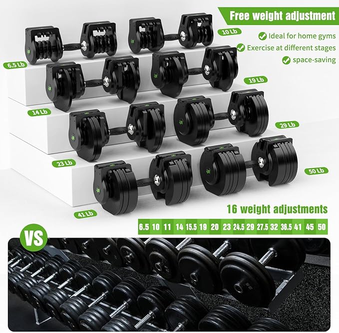 JJM 50LB Adjustable Dumbbells. One-handed grip rotates to 6.5-50LB weight