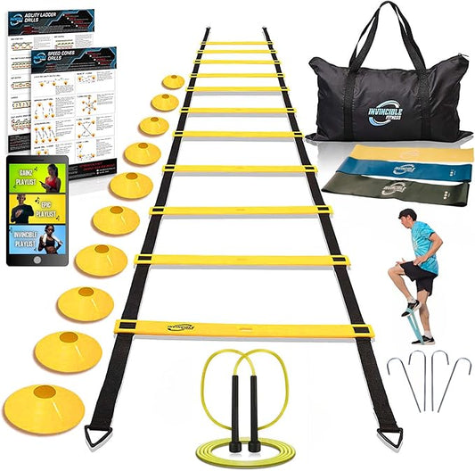 Invincible Fitness Agility Ladder Set - Enhance Speed 10 Cones, 4 Hooks, 3 Resistance (15ft)