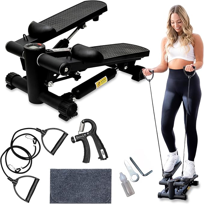 Mini Stepper with Resistance Bands & Wrist Trainer - Portable Exerciser with LCD Display for Home & Office, Smooth, Quiet 330 LB Full Body Workout, Floor-Protecting Mat & Extras, ISO Certified!