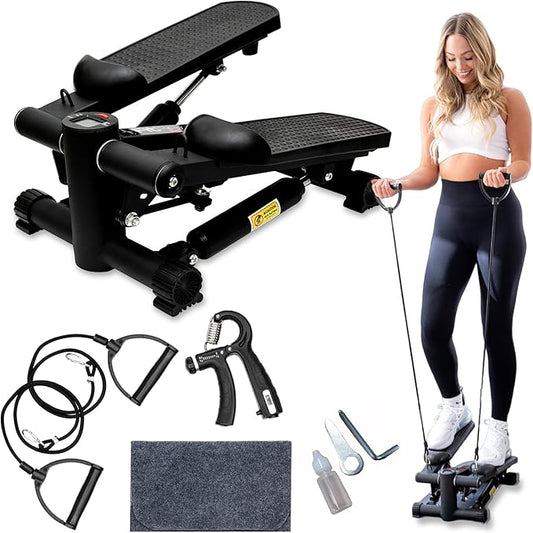 Mini Stepper with Resistance Bands & Wrist Trainer - Portable Exerciser with LCD Display for Home & Office, Smooth, Quiet 330 LB Full Body Workout, Floor-Protecting Mat & Extras, ISO Certified!