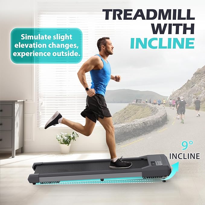 6% Incline Walking Pad Treadmills, Under Desk Treadmill 330lb Capacity for Home Small Space, Mute Control Portable Foldable Adjustable Incline Treadmill, Works with ZWIFT KINOMAP, Easy to Move