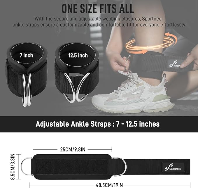 Sportneer Ankle Strap for Cable Machine: Adjustable Ankle Straps (Pair) for Leg Extensions, Booty Hip Abductors, Kickbacks, Glute Workouts in Home and Gym