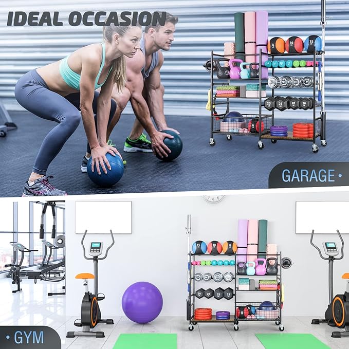 PLKOW Dumbbell Rack, Weight Rack for Dumbbells, Home Gym Storage for Dumbbells Kettlebells Yoga Mat and Balls, All in One Workout Storage with Wheels and Hooks, Powder Coated Finish Steel