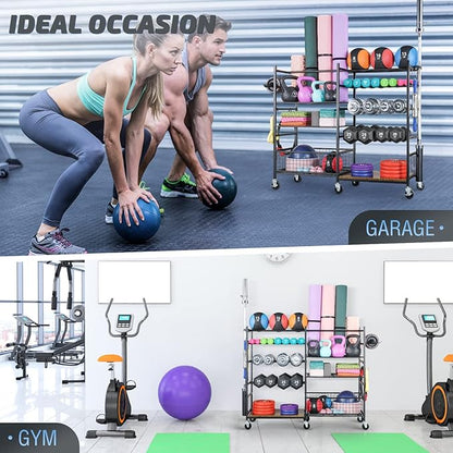 PLKOW Dumbbell Rack, Weight Rack for Dumbbells, Home Gym Storage for Dumbbells Kettlebells Yoga Mat and Balls, All in One Workout Storage with Wheels and Hooks, Powder Coated Finish Steel