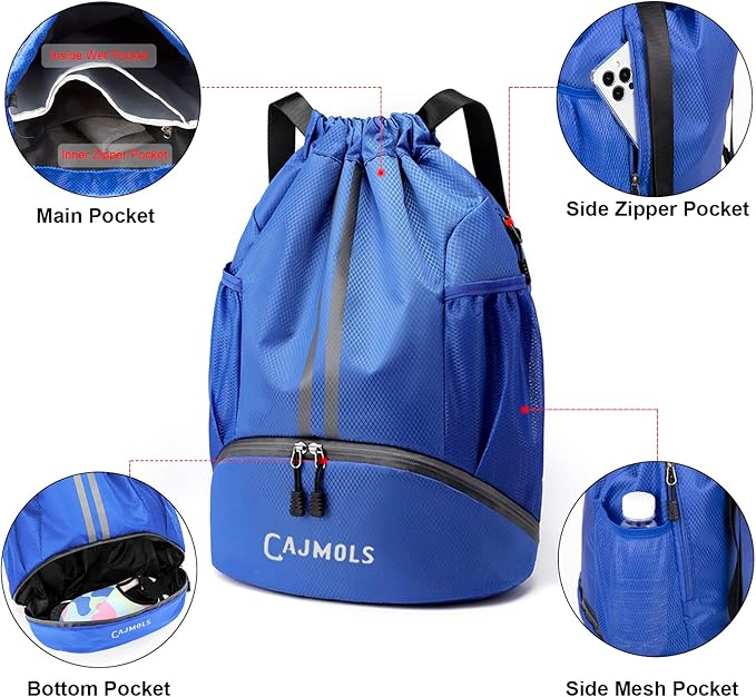 Drawstring Backpack with Ball Compartment Water Resistant Sport Equipment Bag for Soccer Volleyball Baseball Softball Football Yoga Swimming (Q-Blue)