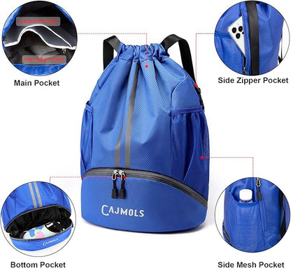 Drawstring Backpack with Ball Compartment Water Resistant Sport Equipment Bag for Soccer Volleyball Baseball Softball Football Yoga Swimming (Q-Blue)