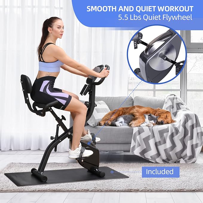 Foldable Exercise Bike Stationary Bike, Sportneer 4 in 1 Indoor Cycling Bike with 16 Level Magnetic Resistance Training Bike with Arm Resistance Band PVC Floor Mat Fitness Bike for Home Gym Workout