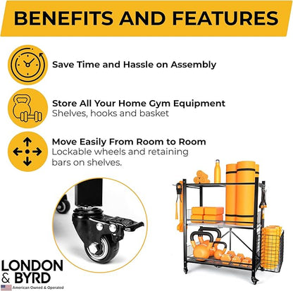 London & Byrd - Assemble in Minutes - Home Gym Storage Rack. Steel Construction, Heavy Duty Wheels, with Basket and Hooks. Great for Yoga mat Storage, Kettlebell Storage, and Small Dumbbell Storage.