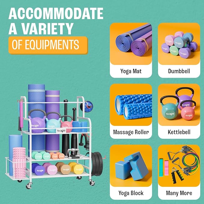 Yes4All All-in-1 Home Gym Storage Rack, Exercise Equipment Organizer - Yoga Mat, Foam Roller, Dumbbells Kettlebells and Weight Rack for Home Gym, Workout Organization Cart with Hooks and Casters