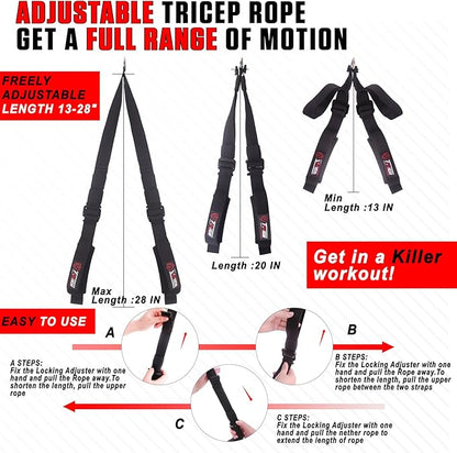 Tricep Rope Cable Attachment (Two Lengths Built in One) Greater Range of Motion,Tricep Pull Down Rope Extension Straps Cable Crossover Accessories