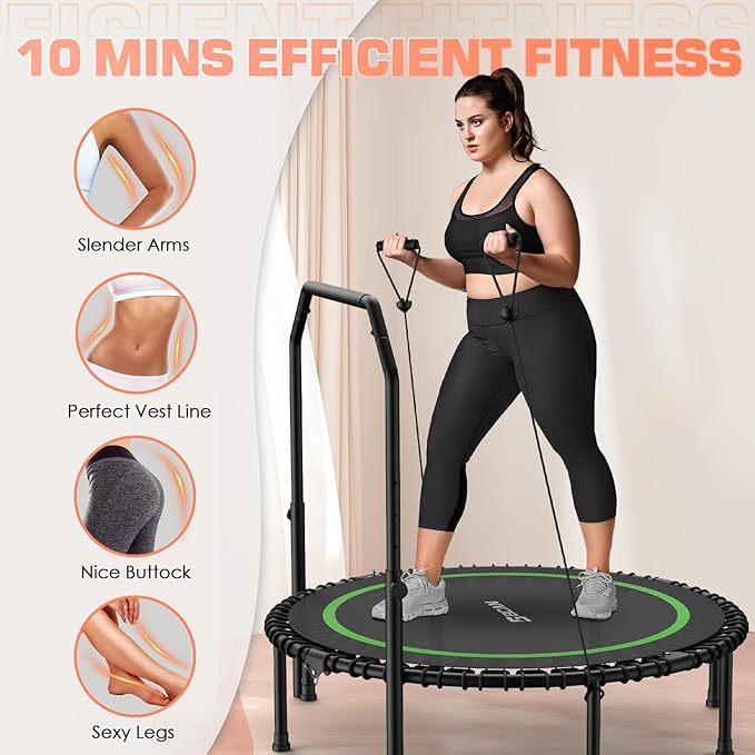 BCAN 40"/48" Foldable Mini Trampoline with Resistance Band, 450 LBS Fitness Trampoline with Bungees, U Shape Adjustable Foam Handle, Stable & Quiet Exercise Rebounder for Adults Indoor/Garden