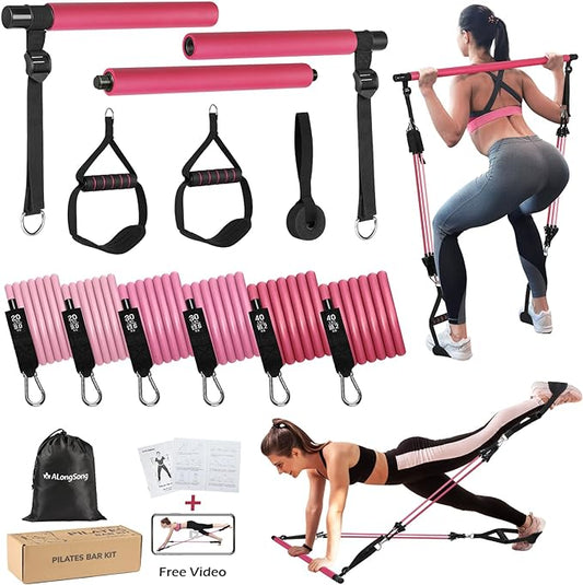 Portable Pilates Bar Kit with Resistance Bands for Women & Men, Upgraded 3 Section Multifunctional Yoga Pilates Stick for Home Gym Exercise Fitness Equipment Supports Full-Body Workouts