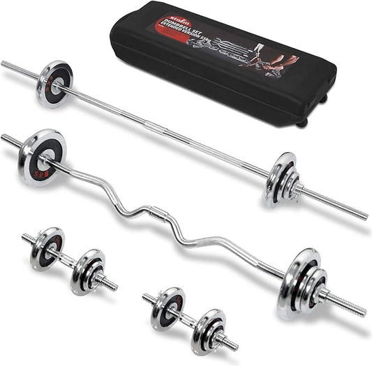 STOZM Dumbbell Set 121lbs Chrome Coated with Carry Case – Versatile Chrome Dumbbell Set with Straight Barbell, Curl Barbell, 2 Connectors, 20 Weight Plates, 2 Dumbbell Handles & 8 Collars