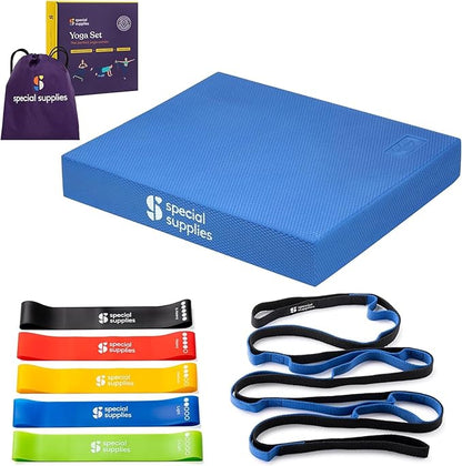 SPECIAL SUPPLIES Exercise Balance Pad, Yoga Strap & Resistance Bands for Stretching, Fitness, and Physical Therapy, Home Gym and Personal Training Equipment, 7 Pc. Exercise Kit