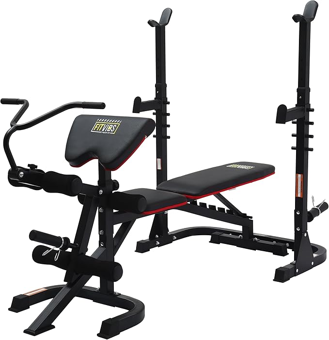 Signature Fitness Multifunctional Workout Station Adjustable Workout Bench with Squat Rack, Leg Extension, Preacher Curl, and Weight Storage, 800-Pound Capacity