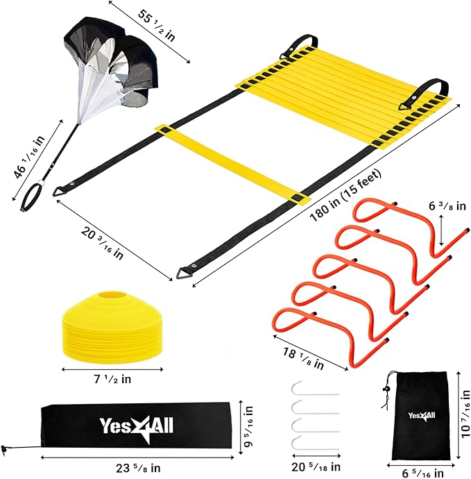 Yes4All Speed Training Equipment Set: 15ft Agility Ladder 5 Agility 12 Disc