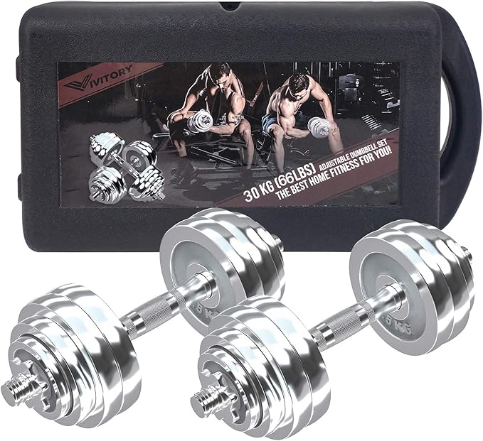 VIVITORY Fitness Dumbbells Set, Adjustable Weight Sets up to 44/66Lbs, with Metal Connecting Rod Used As Barbell, Chromed Weights, Hardcover Gift Box, Home Gym Work Out Training Equipment