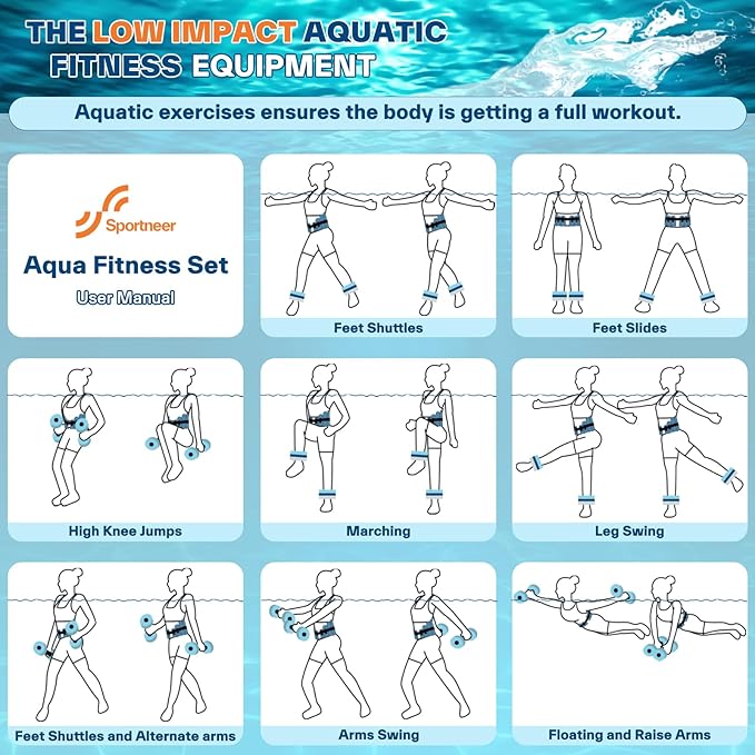 Sportneer Water Aerobics Pool Exercise Equipment New 6-Piece Water Fitness Set Includes High Density Water Weight Swim Belt Water Ankle Weights for Aqua Therapy Pool Fitness Water Exercise